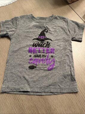 Kids Gray Halloween Tee with Purple Witch Graphic